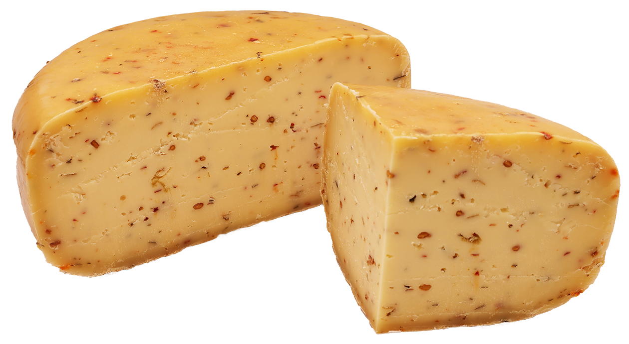 Gouda Roma mit Bockshornklee, Lauch, Liebstöckel, roten Jalapenos, Knoblauch und Paprika