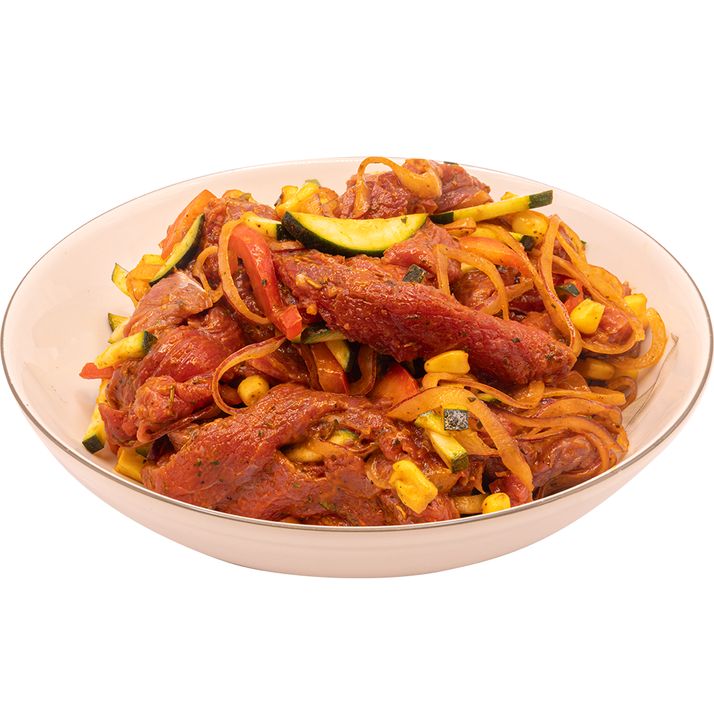 TexMex Pfanne mit Rindergeschnetzeltem aus der hofeigenen Fleischerei an den Vorwerk Podemus Frische-Theken